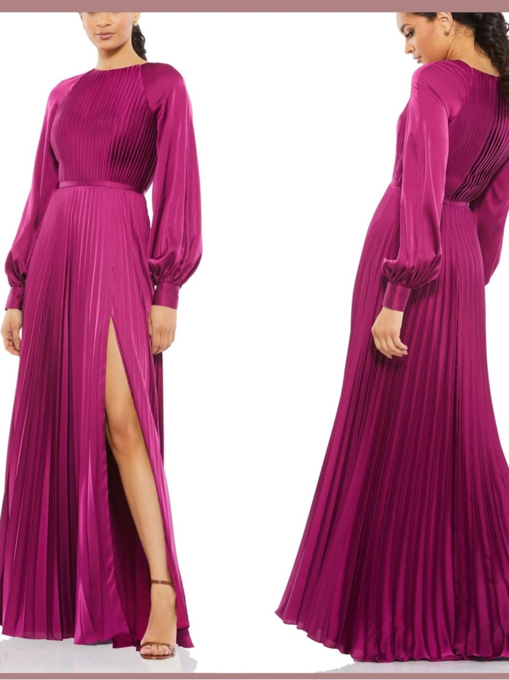 Mac Duggal Berry Pleated High Neck Long Sleeve Gown Slit 26590 FLAW Sz 4